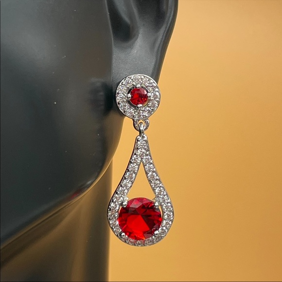 925 Sterling Silver Red Ruby Diamond Tear Drop Pear Cut Elegant Dangle Earrings - Picture 9 of 13